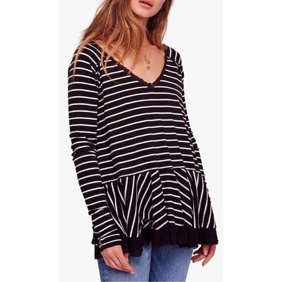 Free People Size XS Black & White Striped Tangerine Peplum Boho V Neck Top - Picture 1 of 10